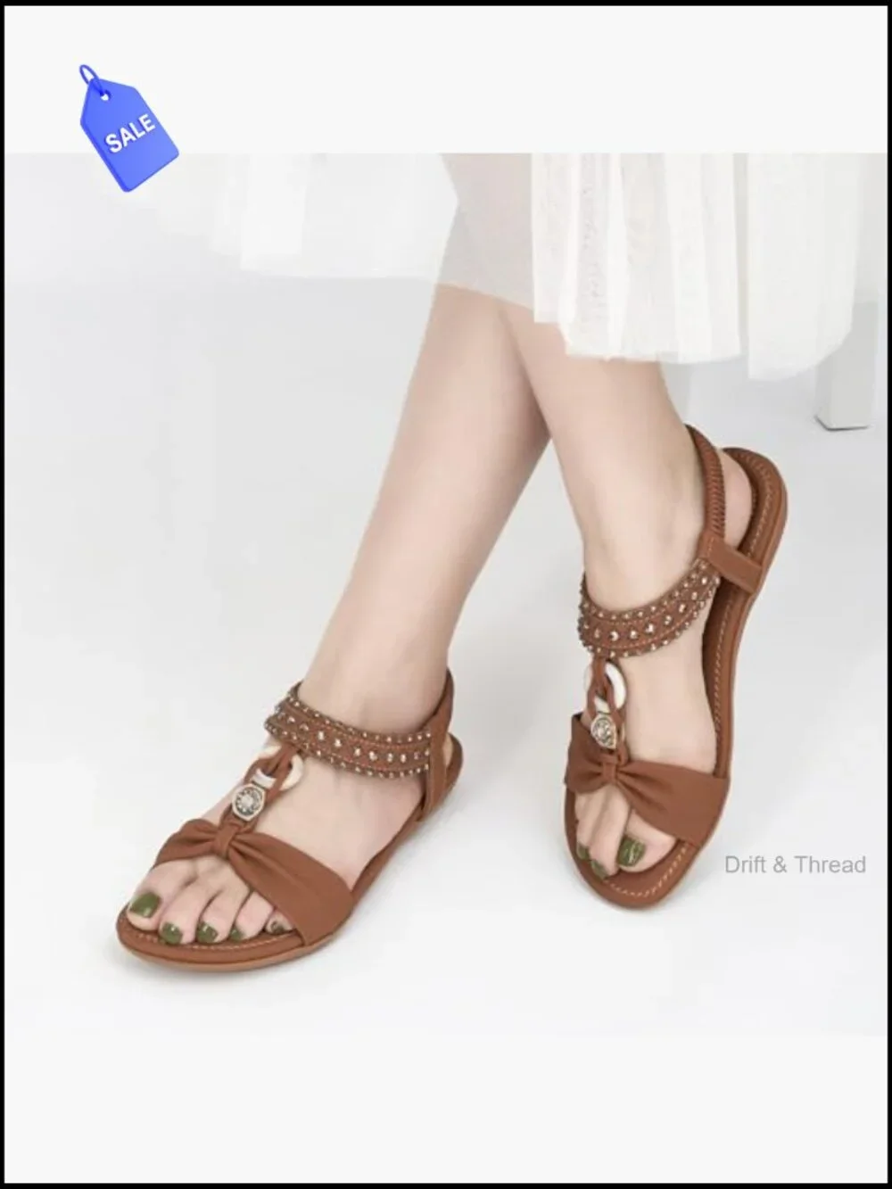 Bohemian Beaded Flat Sandals Elastic Ankle Strap Casual Slip On Comfortable